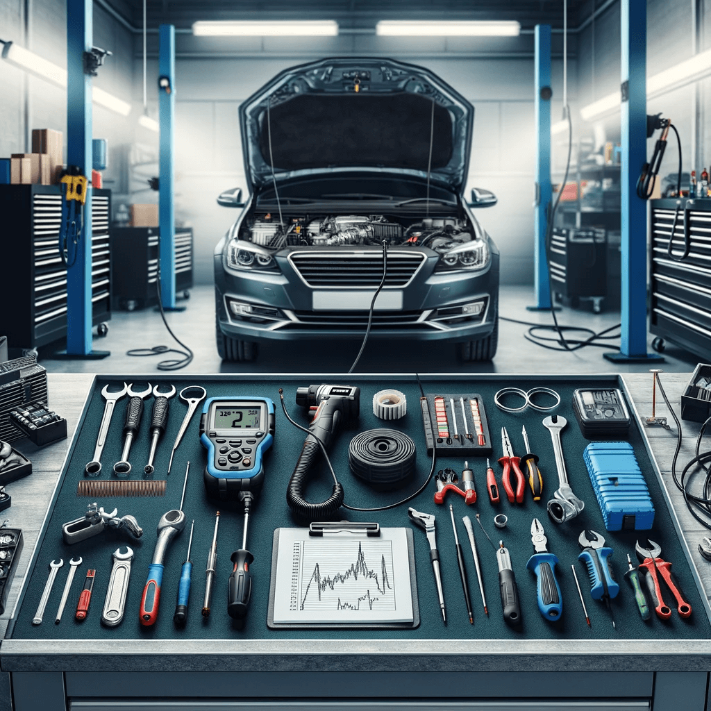 An image of a well organized automotive workshop. The scene includes a workbench with a variety of automotive tools neatly arranged.